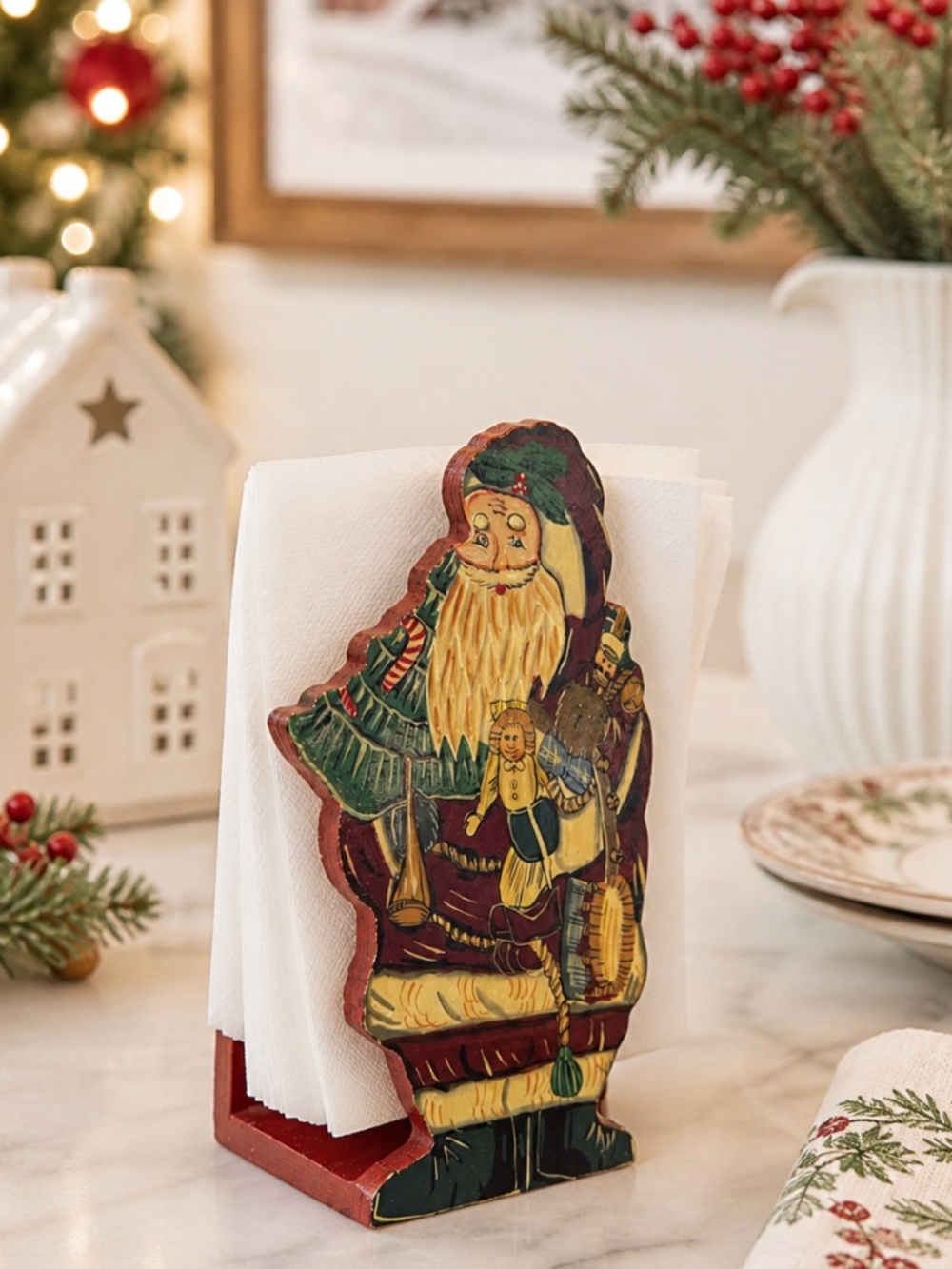 Vintage Retro Wooden Painted Santa Claus Christmas Card / Napkin Holder